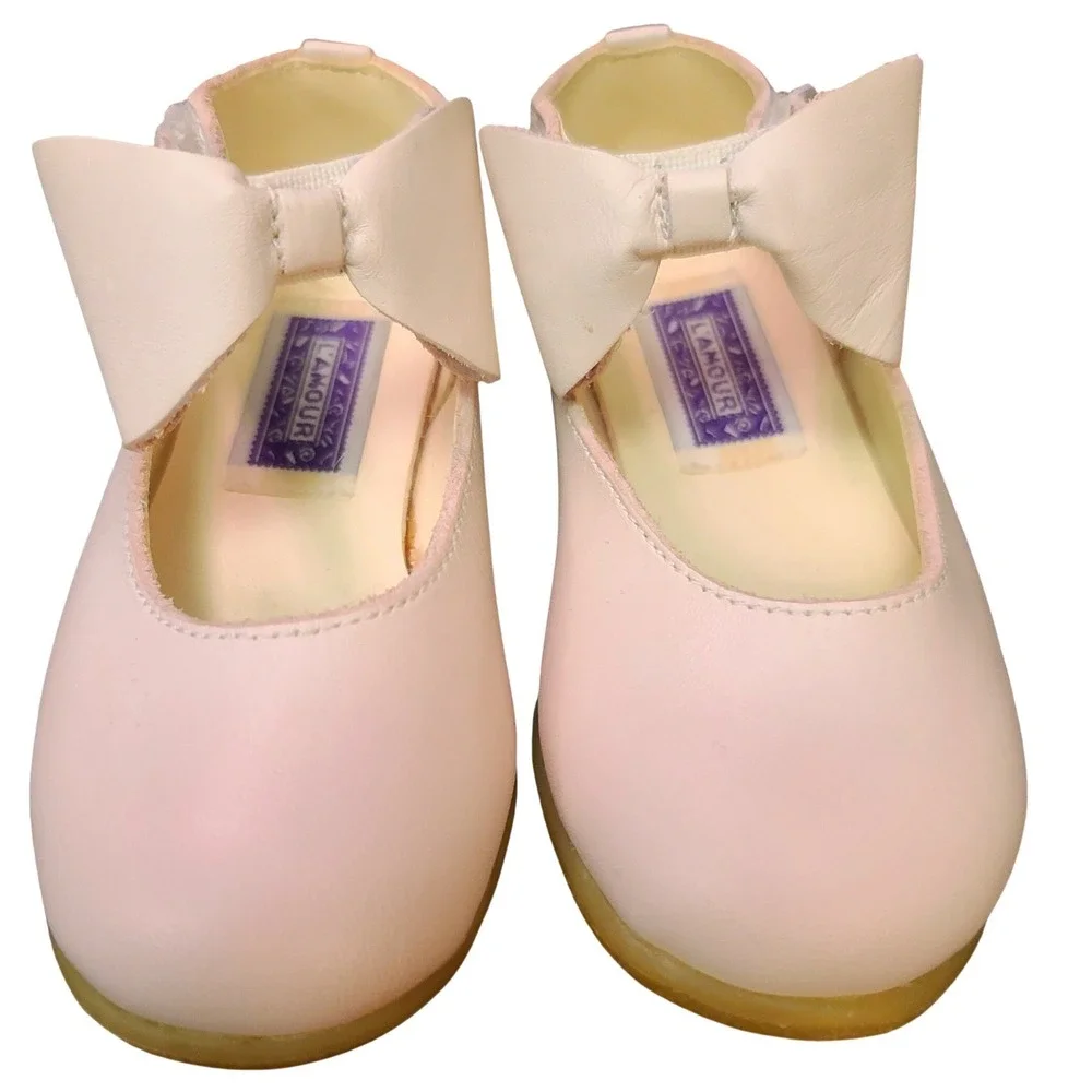 L'Amour Girls Pink Leather Bow Mary Jane Shoes Toddler Size 7 Dress Flats